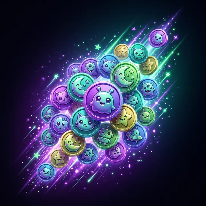 A swarm of colorful cartoon memecoins blasting off